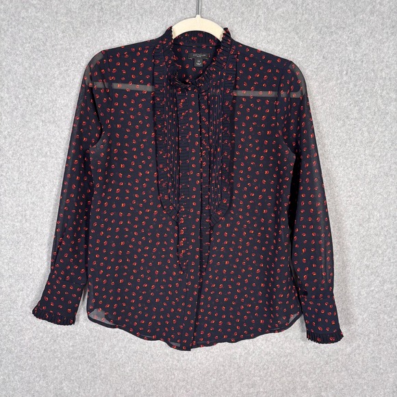 Ann Taylor Tops - Ann Taylor Sheer Blouse XSP Navy Ruffle Tuxedo Dark Maximalist Feminine Romantic